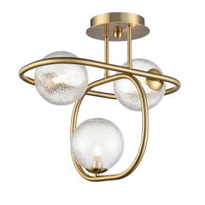Franklite Trapeze modern 3 light semi flush ceiling light in aged brass, on white background.