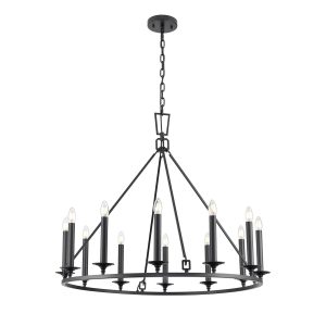 Franklite Tudor 12 light large classic matt black chandelier, on white background.