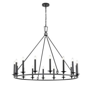 Tudor 16 light very large matt black chandelier from Franklite, on white background.