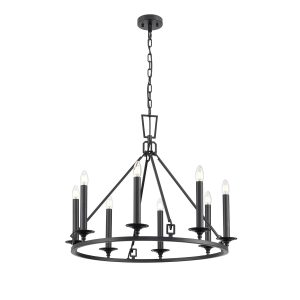 Franklite Tudor 8 light classic matt black chandelier, on white background.