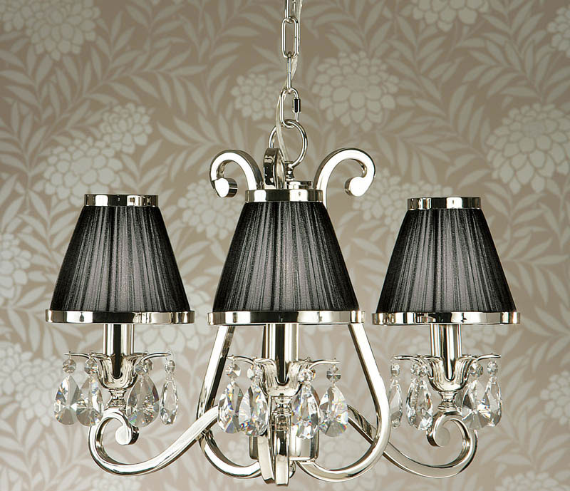 Oksana Nickel 3 Light Chandelier Crystal Drops Black Shades