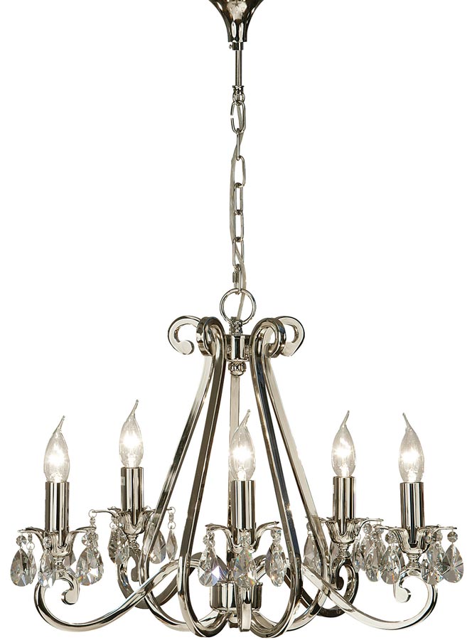 Oksana Polished Nickel 5 Light Chandelier With Crystal Drops