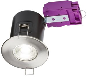 Mains voltage brushed chrome 90-minute fire rated fixed downlight