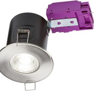 Mains voltage brushed chrome 90-minute fire rated fixed downlight
