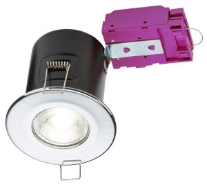 Mains voltage polished chrome 90-minute fire rated fixed downlight
