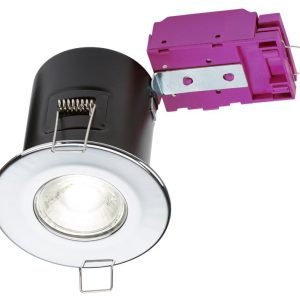 Mains voltage polished chrome 90-minute fire rated fixed downlight