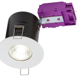 Mains voltage white 90-minute fire rated fixed downlight