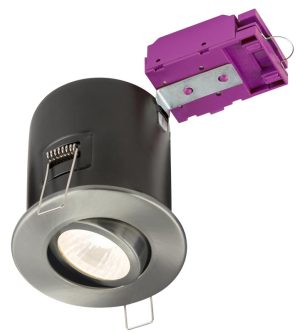 Mains voltage brushed chrome 90-minute fire rated tilt downlight