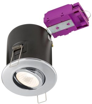 Mains voltage polished chrome 90-minute fire rated tilt downlight