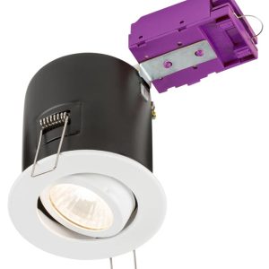 Mains voltage white 90-minute fire rated tilt downlight