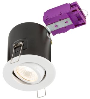 Mains voltage white 90-minute fire rated tilt downlight