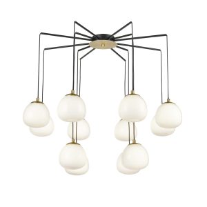 Franklite Vermeer black and gold large 12 light cluster pendant with opal glass shades, on white background.