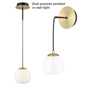 Franklite Vermeer pendant or wall light in matt black and gold with opal glass shade, showing options.