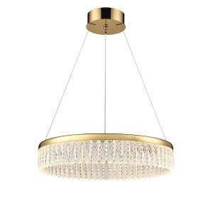Franklite Victoria LED small crystal pendant in gold with 60cm diameter, on white background.