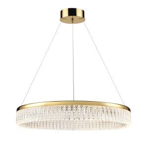 Franklite Victoria LED large crystal pendant in gold with 80cm diameter, on white background.