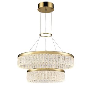 Franklite Victoria LED double tier crystal pendant in gold, on white background.