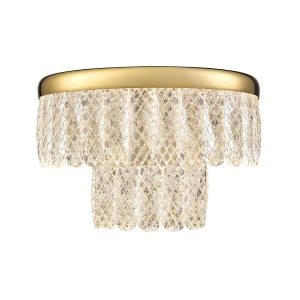 Franklite Victoria LED 2 tier crystal wall light in gold, on white background.