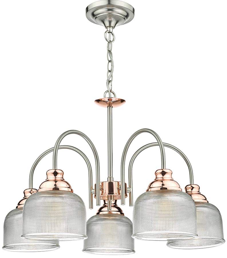 Dar Wharfdale Satin Chrome Copper 5 Light Pendant Glass Shades