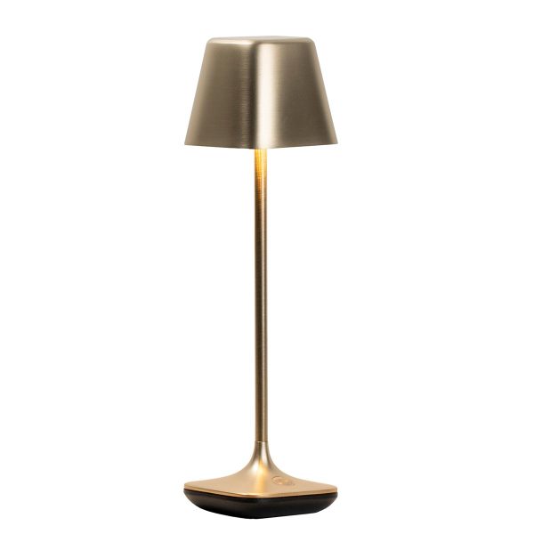 Franklite Wanderer rechargeable LED table lamp in brushed brass and rated IP65, on white background.