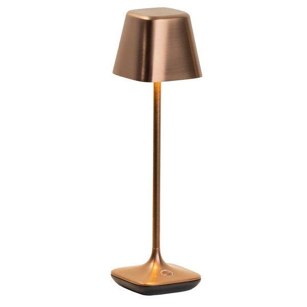 Franklite Wanderer rechargeable LED table lamp in brushed bronze and rated IP65, on white background, lit.
