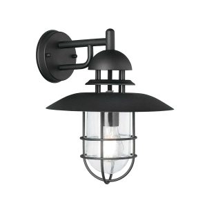 Franklite modern 1 light exterior wall lantern in matt black with clear glass shade on white background.