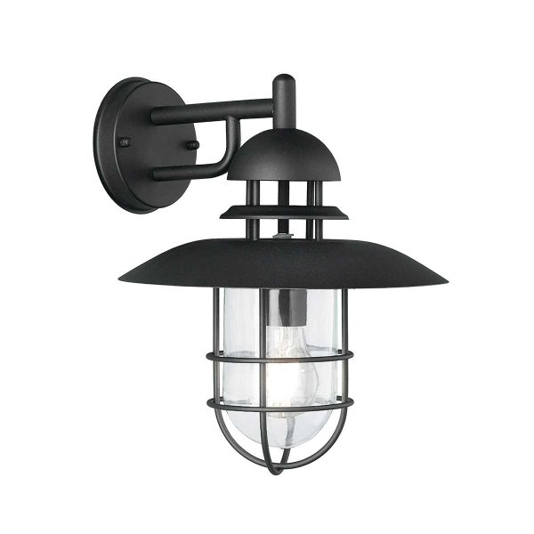 Franklite modern 1 light exterior wall lantern in matt black with clear glass shade on white background.