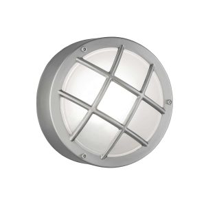 Small outdoor wall bulkhead light in stainless steel with white glass by Franklite, on white background.