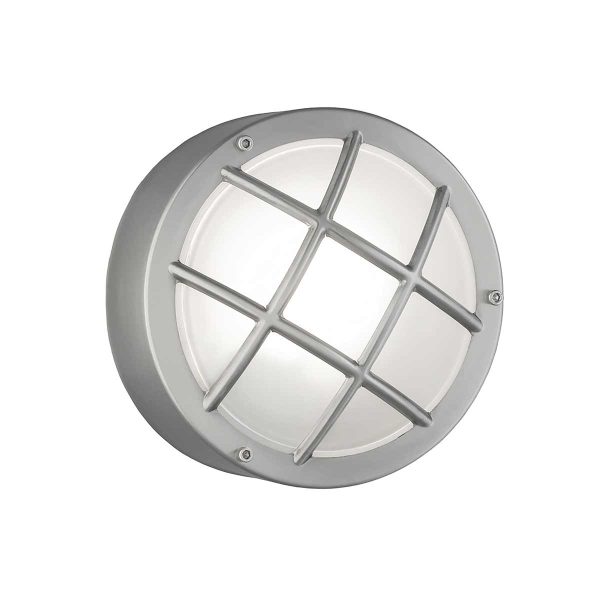 Small outdoor wall bulkhead light in stainless steel with white glass by Franklite, on white background.