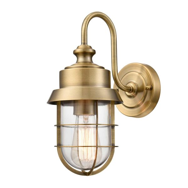 Franklite Wharf traditional 1 light exterior wall light in antique brass, on white background.