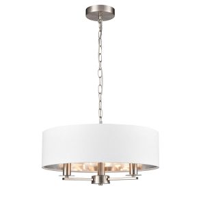 Franklite Windsor 3 light satin nickel pendant chandelier, long drop on white background.