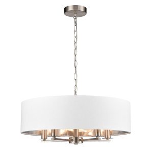 Franklite Windsor 5 light satin nickel pendant chandelier, long drop on white background.