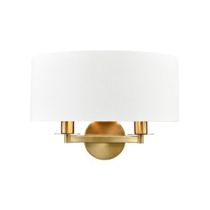 Franklite Windsor 2 light aged brass double wall light with cream textured fabric shade, on white background.