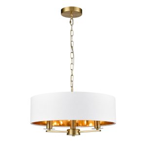 Franklite Windsor 3 light aged brass pendant chandelier, hung low on white background.