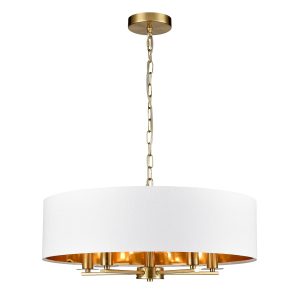 Franklite Windsor 5 light aged brass pendant chandelier, long drop on white background.