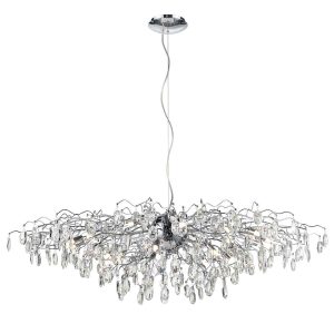 Franklite Wisteria large 21 light crystal pendant chandelier in polished chrome, full height on white background.