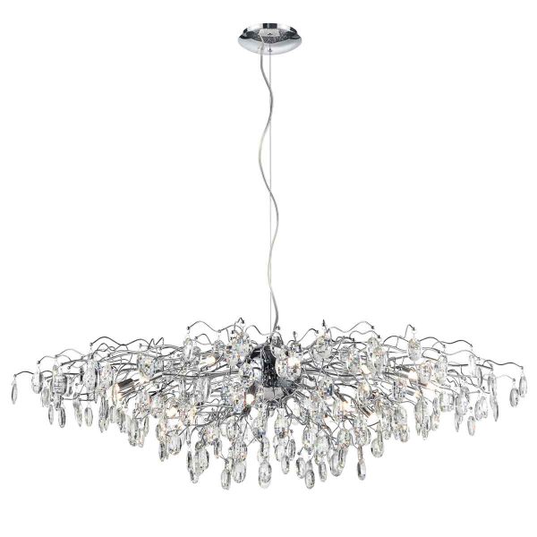 Franklite Wisteria large 21 light crystal pendant chandelier in polished chrome, full height on white background.