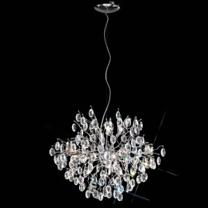 Franklite Wisteria 12 light crystal pendant chandelier in polished chrome, full height on black background.