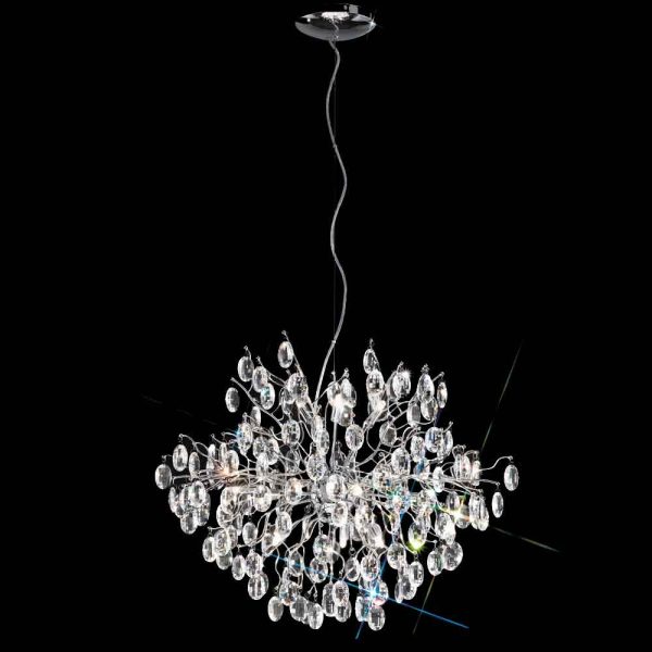 Franklite Wisteria 12 light crystal pendant chandelier in polished chrome, full height on black background.
