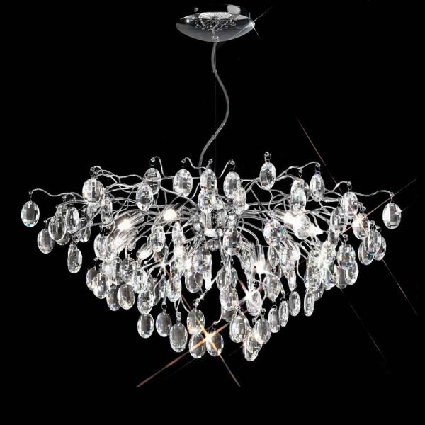 Franklite Wisteria 13 light crystal pendant chandelier in polished chrome, shown lit on black background.