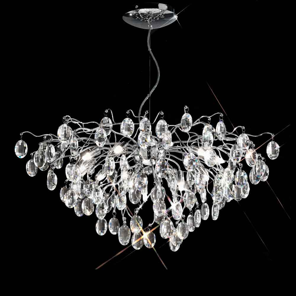 Franklite Wisteria 13 light crystal pendant chandelier in polished chrome, shown lit on black background.
