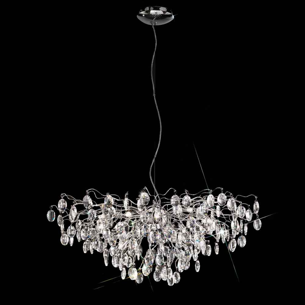 Franklite Wisteria 15 light crystal pendant chandelier in polished chrome, full height on black background.