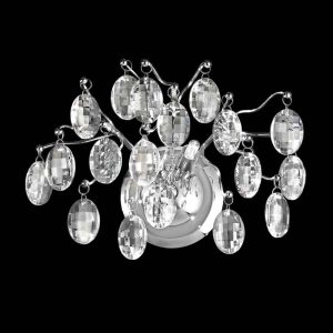 Franklite Wisteria 2 lamp twin crystal wall light in polished chrome on black background, lit.