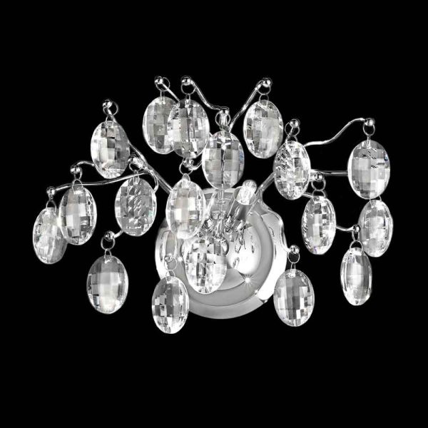 Franklite Wisteria 2 lamp twin crystal wall light in polished chrome on black background, lit.