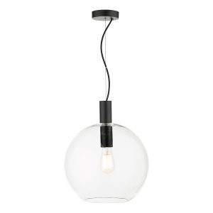 Dar Zula matt black 1 light ceiling pendant with clear glass globe shade, lit on white background.