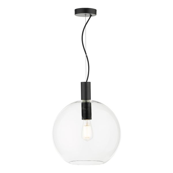 Dar Zula matt black 1 light ceiling pendant with clear glass globe shade, lit on white background.