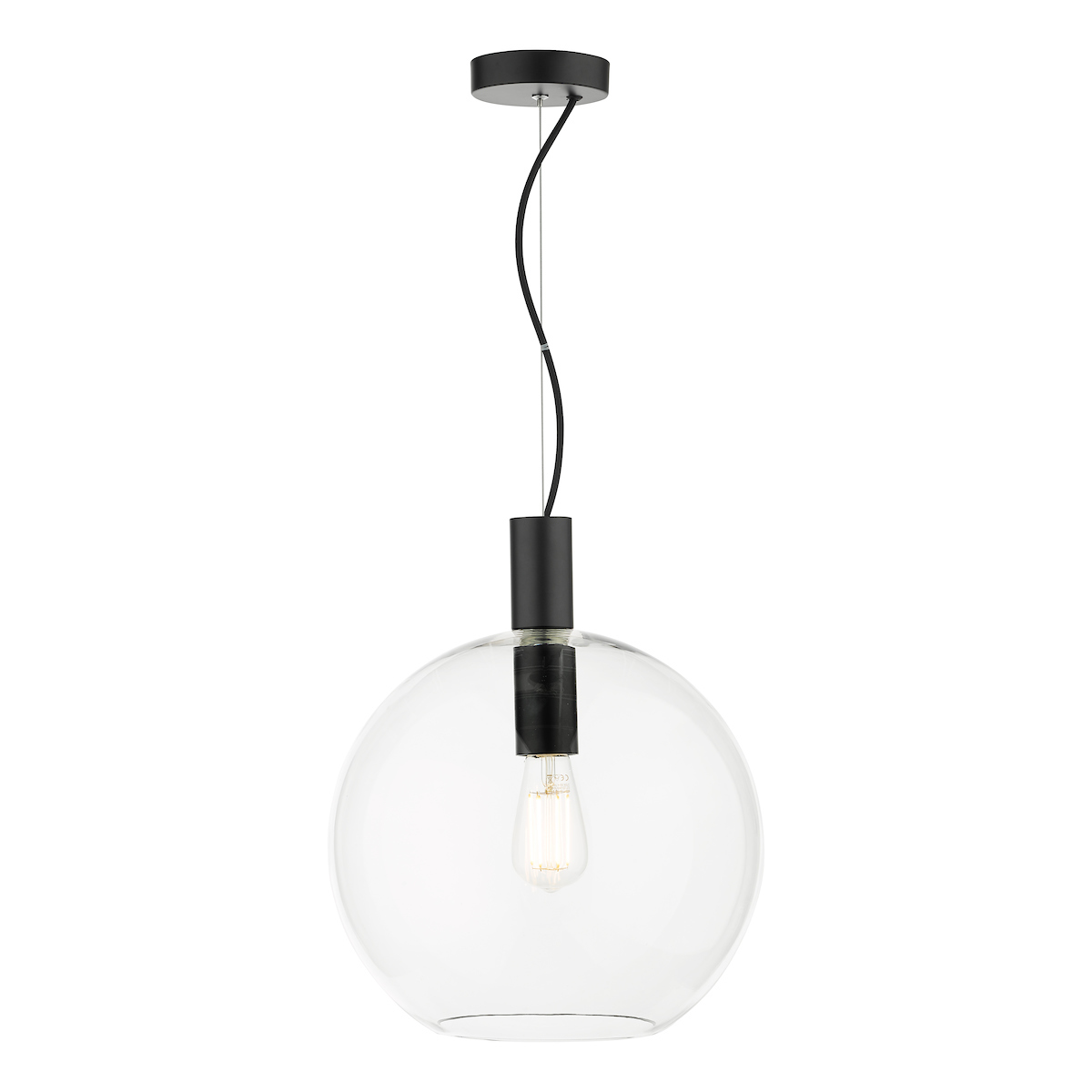 Dar Zula matt black 1 light ceiling pendant with clear glass globe shade, lit on white background.