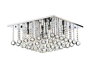 Abacus square 5 light flush crystal ceiling fitting in polished chrome on white background