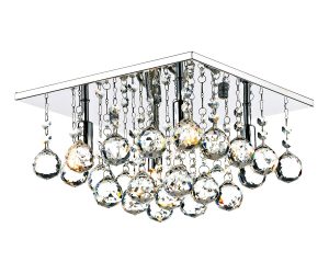 Abacus square 4 light flush crystal ceiling fitting in polished chrome on white background