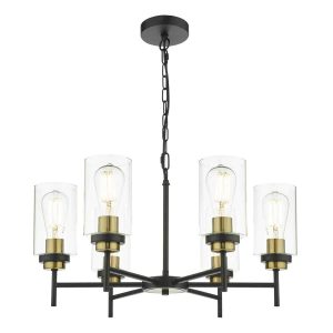 Dar Abel modern 6 light pendant chandelier in satin black and brass full height