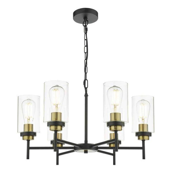 Dar Abel modern 6 light pendant chandelier in satin black and brass full height